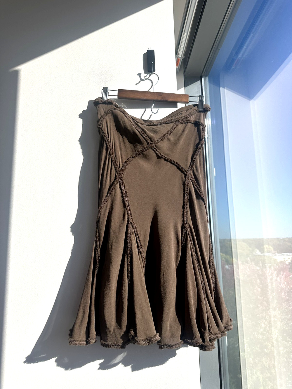 Max Studio Special Edition 100% Silk Brown Boho Asymmetrical Y2K Midi Skirt Sz S
